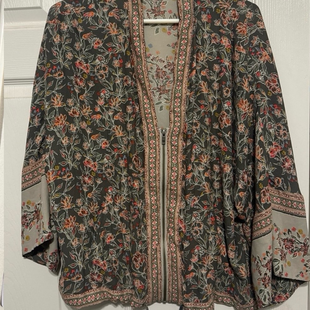 Free People Womens Wildflower Kimono Chiffon Zip Front Cinch Tie Hem Size XS/S